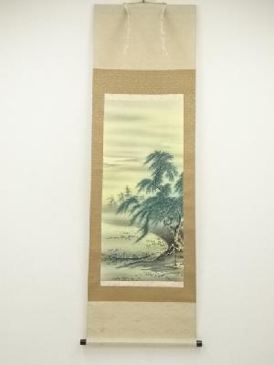 小川香月筆　周茂叔愛蓮図　肉筆絹本掛軸（箱付）